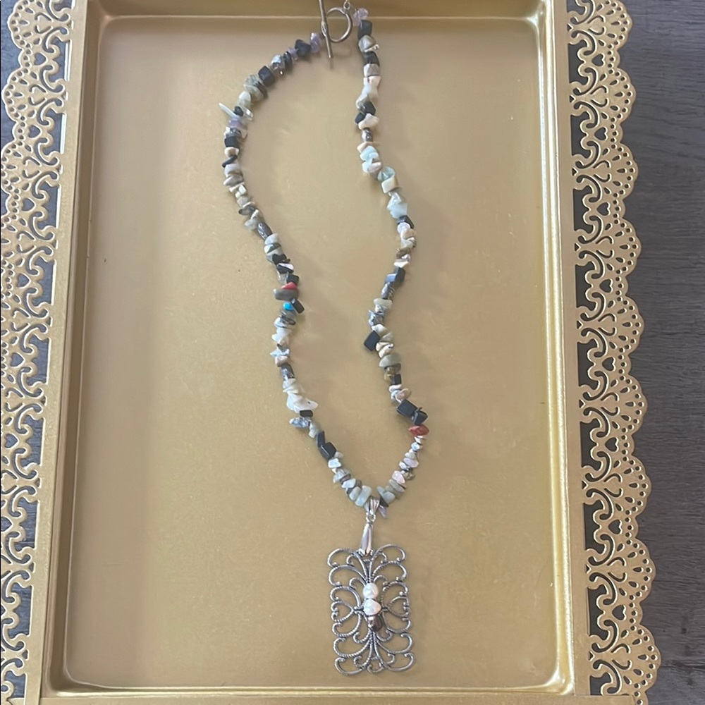 Multi-Stone Beaded Statement Necklace w/ Silver Pendant 19.5 inches